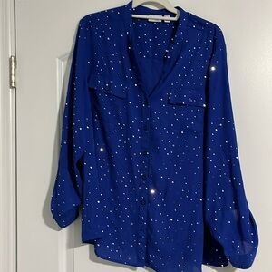 Royal blue, long sleeve blouse with silver dots.